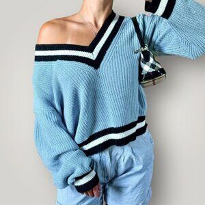 Oversized Back-to-School Knit V-Neck Sweater Y2K Sporty Light Blue Striped Trim